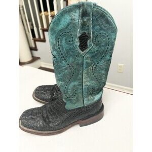 Ferrini Western Boots Womens Caiman Print Metallic Black Teal 90393-50 6.5